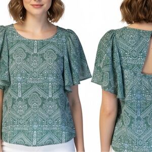 Lucky Brand Green White Paisley Flutter Sleeve Keyhole Pop Over Top Blouse S